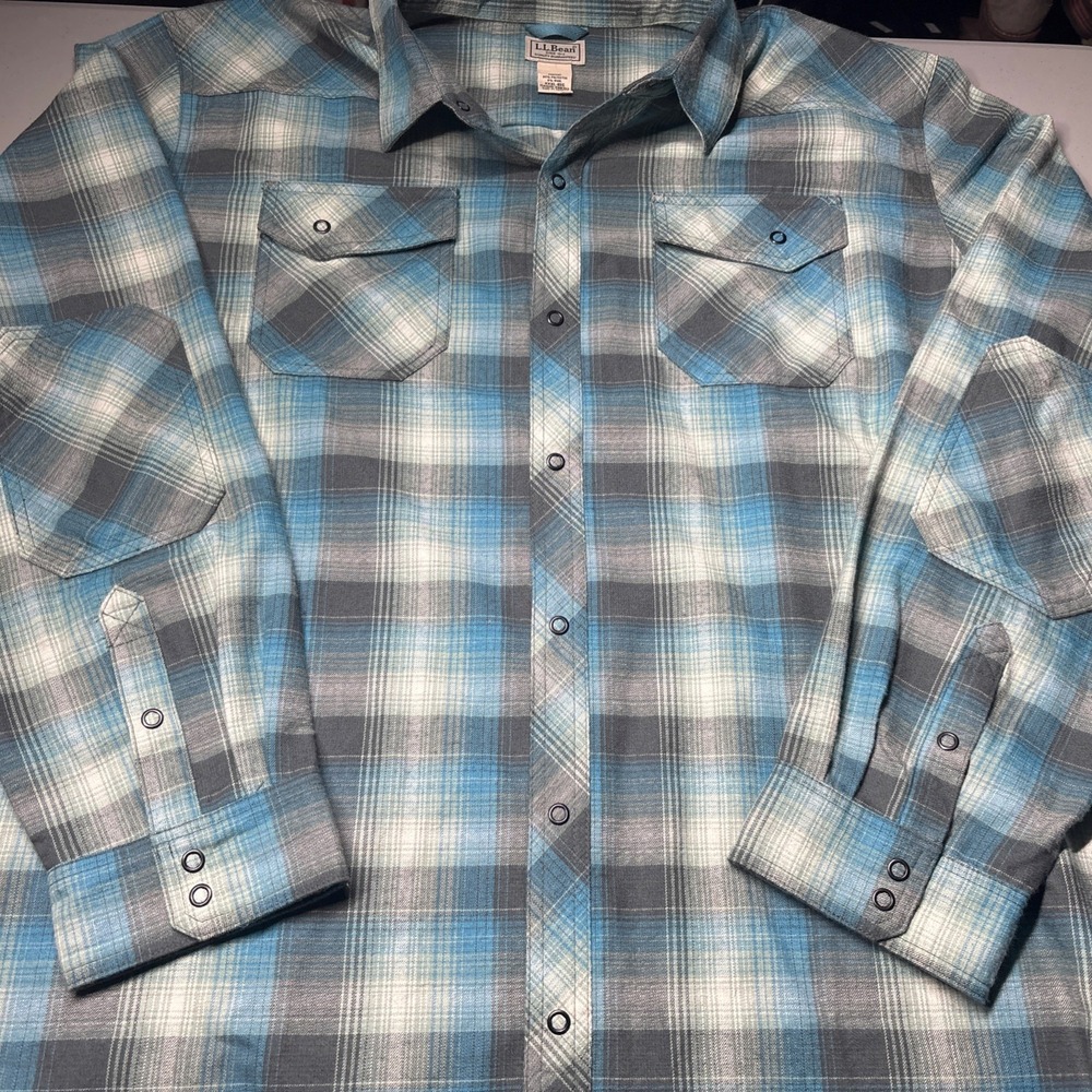 Vintage L.L. Bean XXXl Snap Button Flannel Green Blue Plaid Pattern 298102